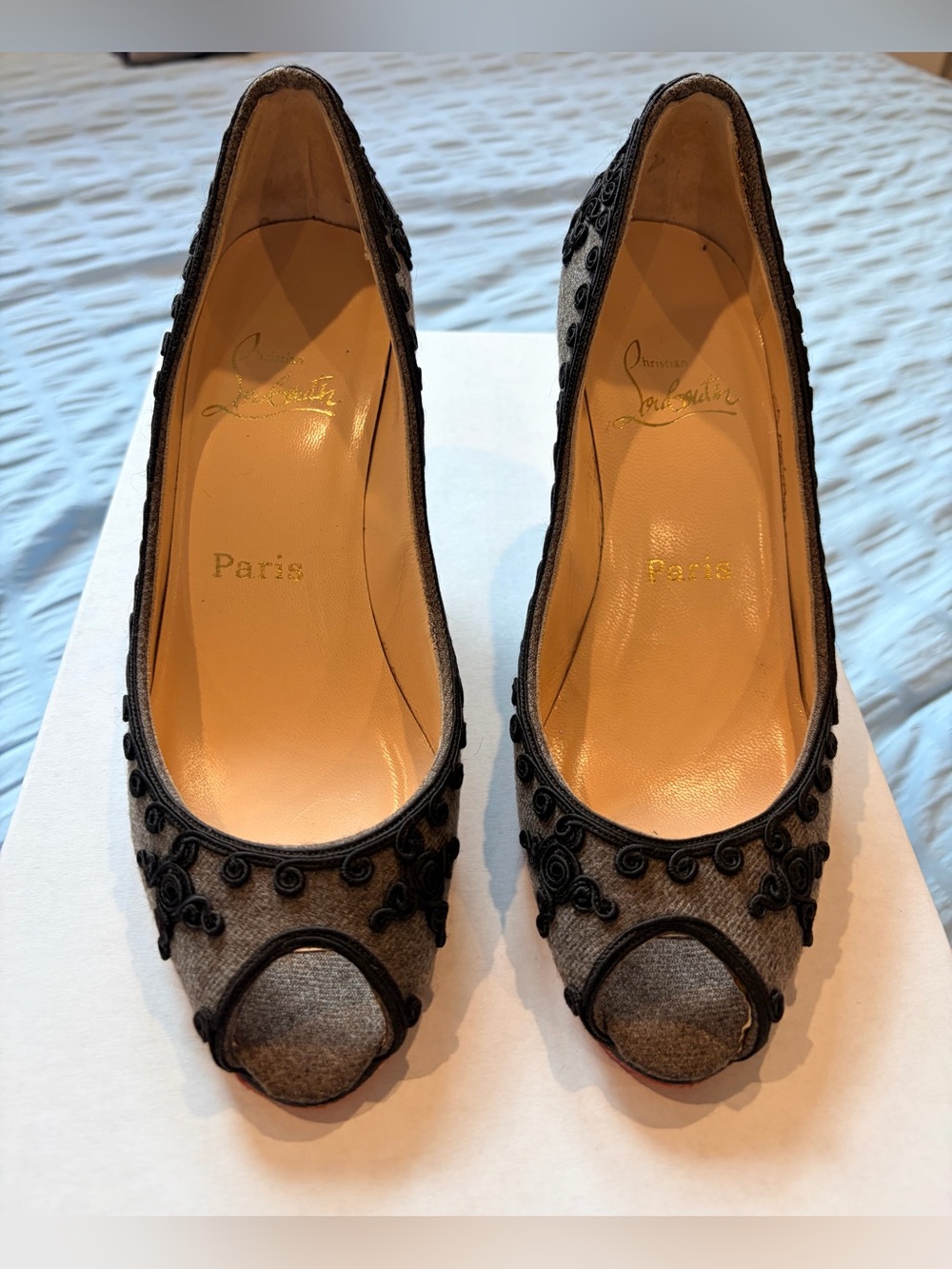 Christian Louboutin grey wool Peep-Toe Pumps with Floral Appliqué with COA